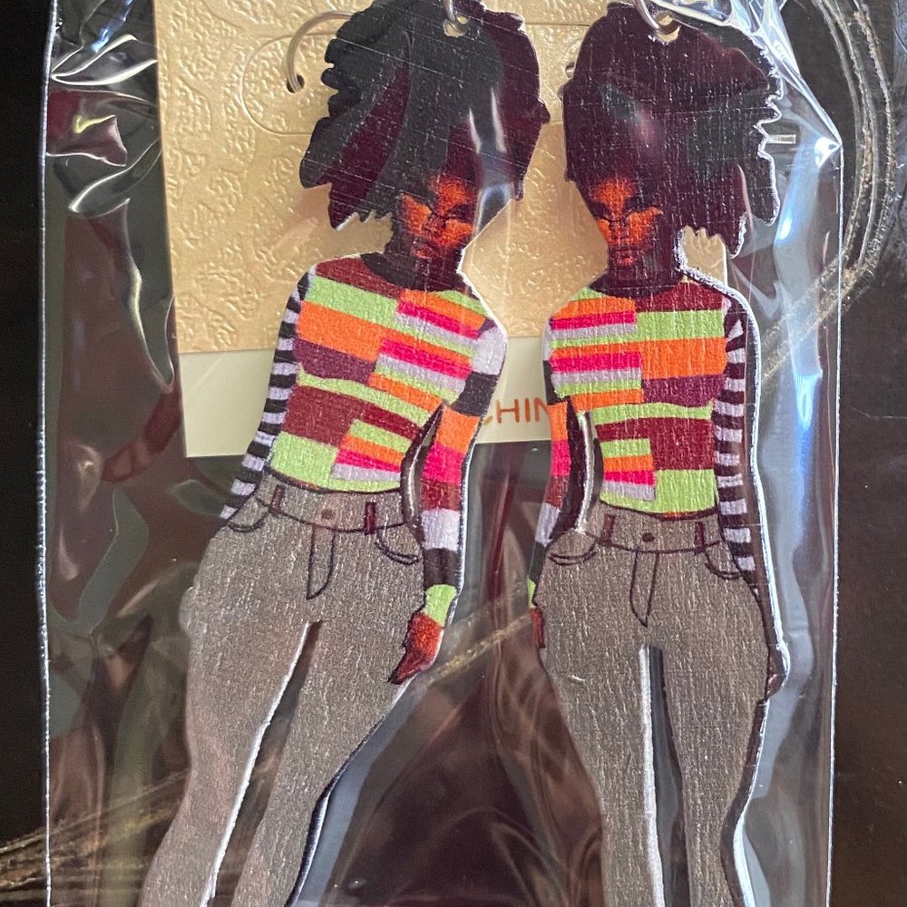 African American Black Woman Jeans Wooden Earrings